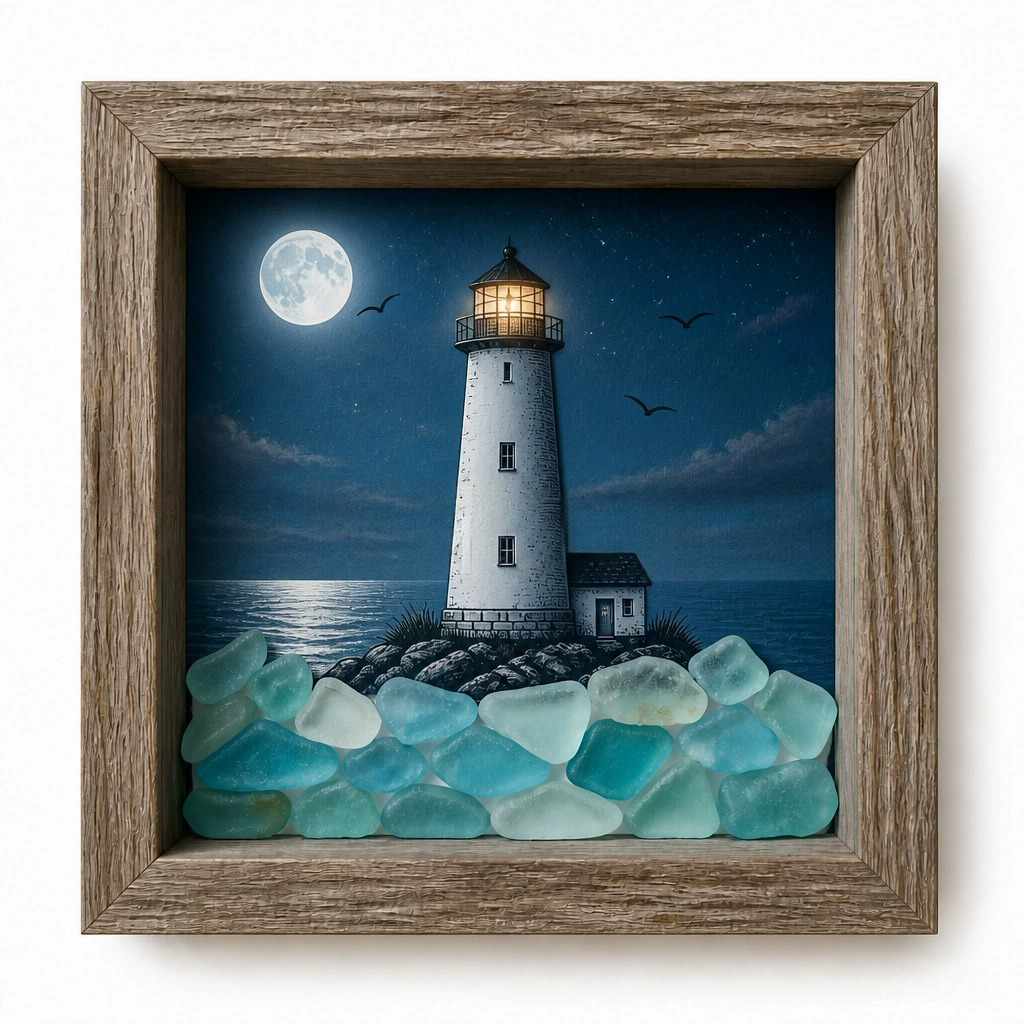 🌊Coastal Lighthouse Sea Glass Shadow Box Night Light💝