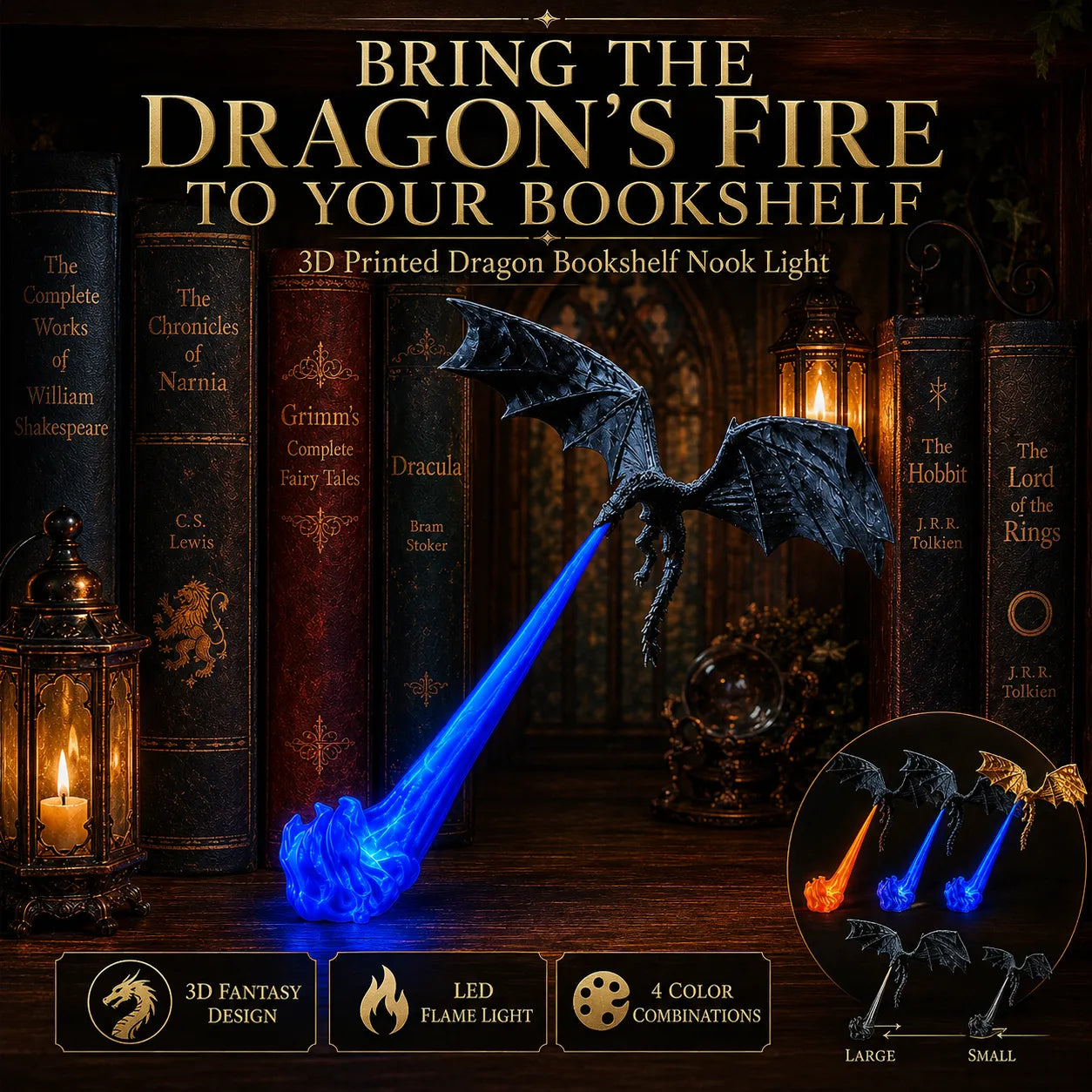 ๐ Dragon Bookshelf Nook Light โ 3D Fire-Breathing Fantasy Shelf Decor ๐ฅ