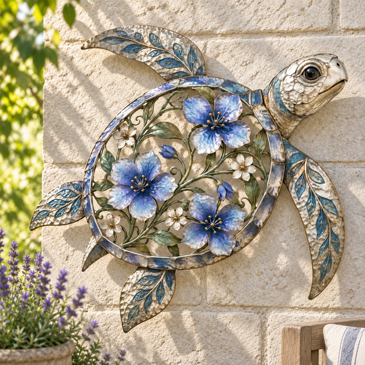 ๐ข Sea Turtle Wall Sculpture โ Enameled Floral Coastal Art with Textured Metal Scales | Indoor & Outdoor Ocean Decor for Porch, Patio & Garden