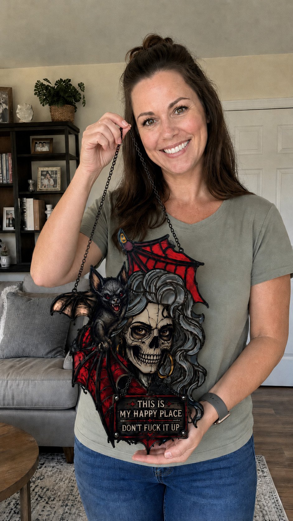 š¦šGothic Skull & Bat āMy Happy Placeā Hanging Art ā Mood-Responsive Hair Effect Wall DecorāØ