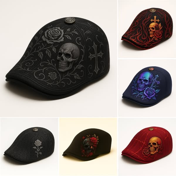 💀Handcrafted Skull & Thorn Flat Cap🎁Buy 2 Free Shipping