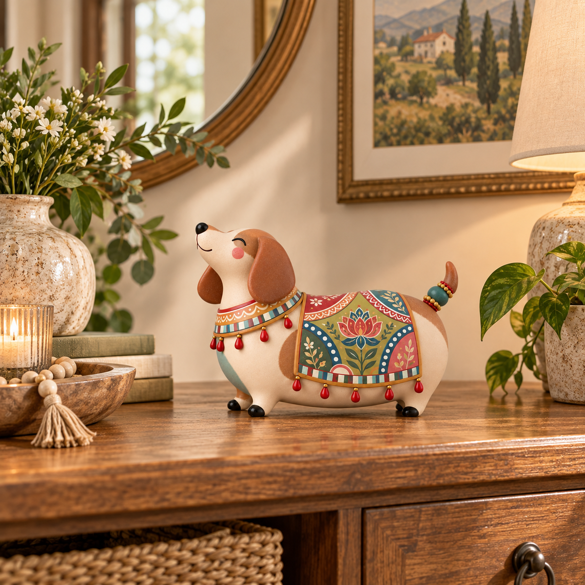 🎨Whimsical Folk Art Dachshund Figurine