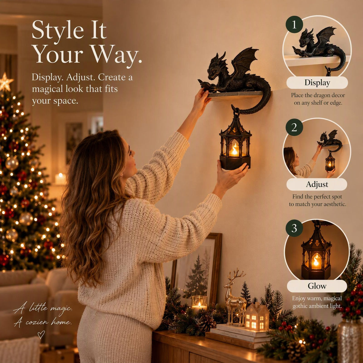 šReading Dragon Shelf Decor with LED Lantern