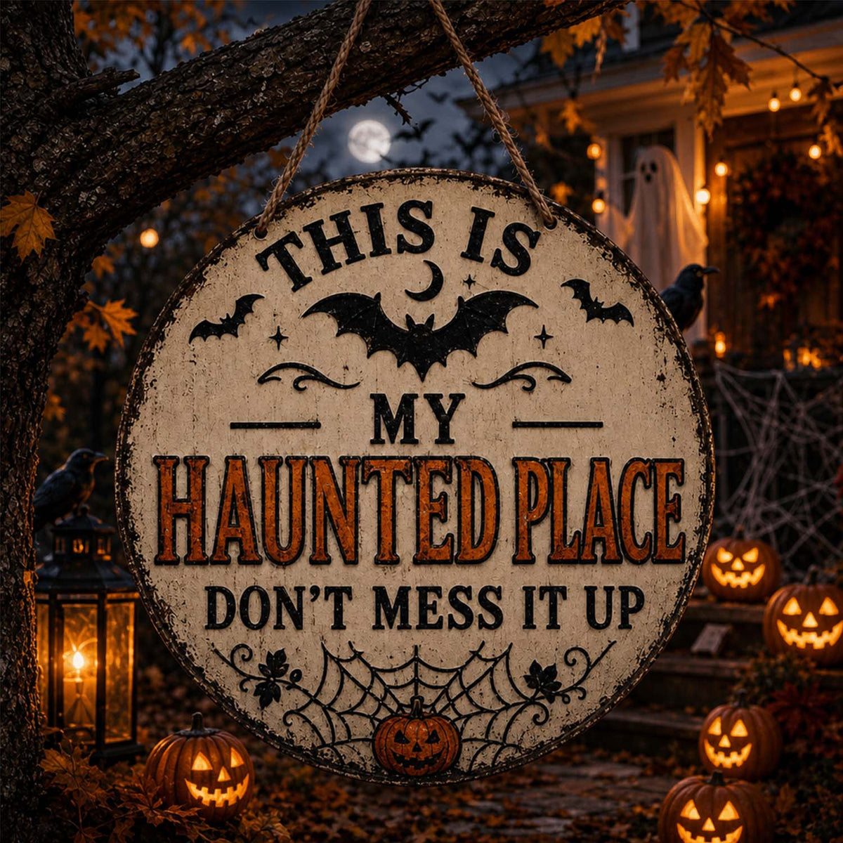🏚️Happy Haunt Halloween Sign – 👻Cute Spooky Haunted House Wall Decor, Festive Halloween Home Decoration