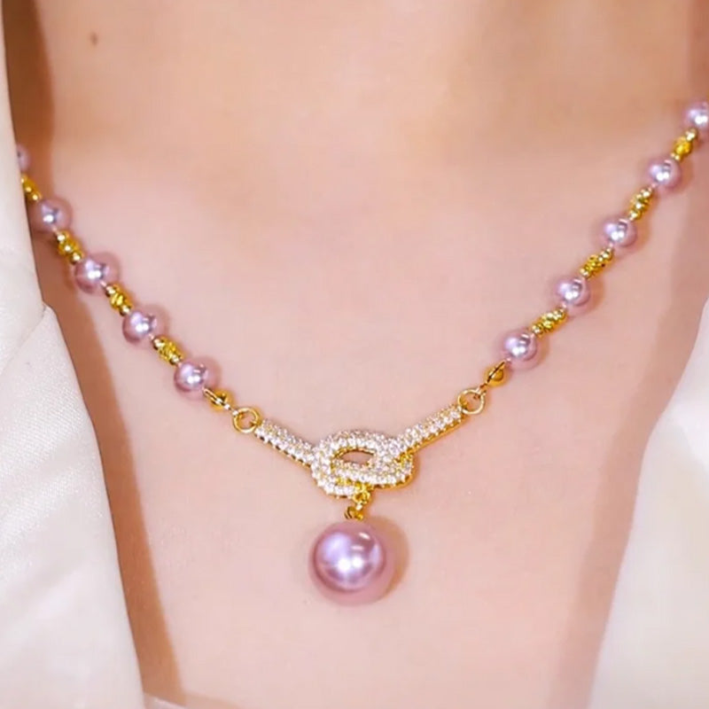 👸Högkvalitativt lila pärlhalsband med diamanter✨