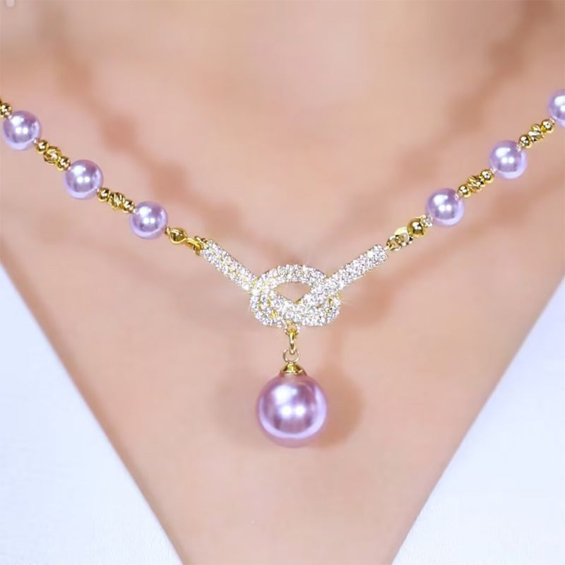 👸Högkvalitativt lila pärlhalsband med diamanter✨