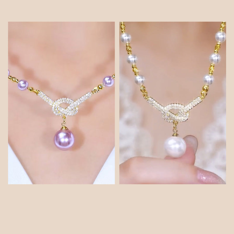 👸Högkvalitativt lila pärlhalsband med diamanter✨