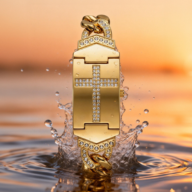 Vintage diamond-set ladies’ quartz watch/bracelet watch—featuring a cross-shaped clasp