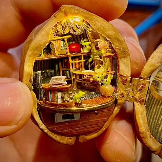 🏠Handgjort dockhus i valnötsskal - litet bibliotek, liten värld inuti valnötter