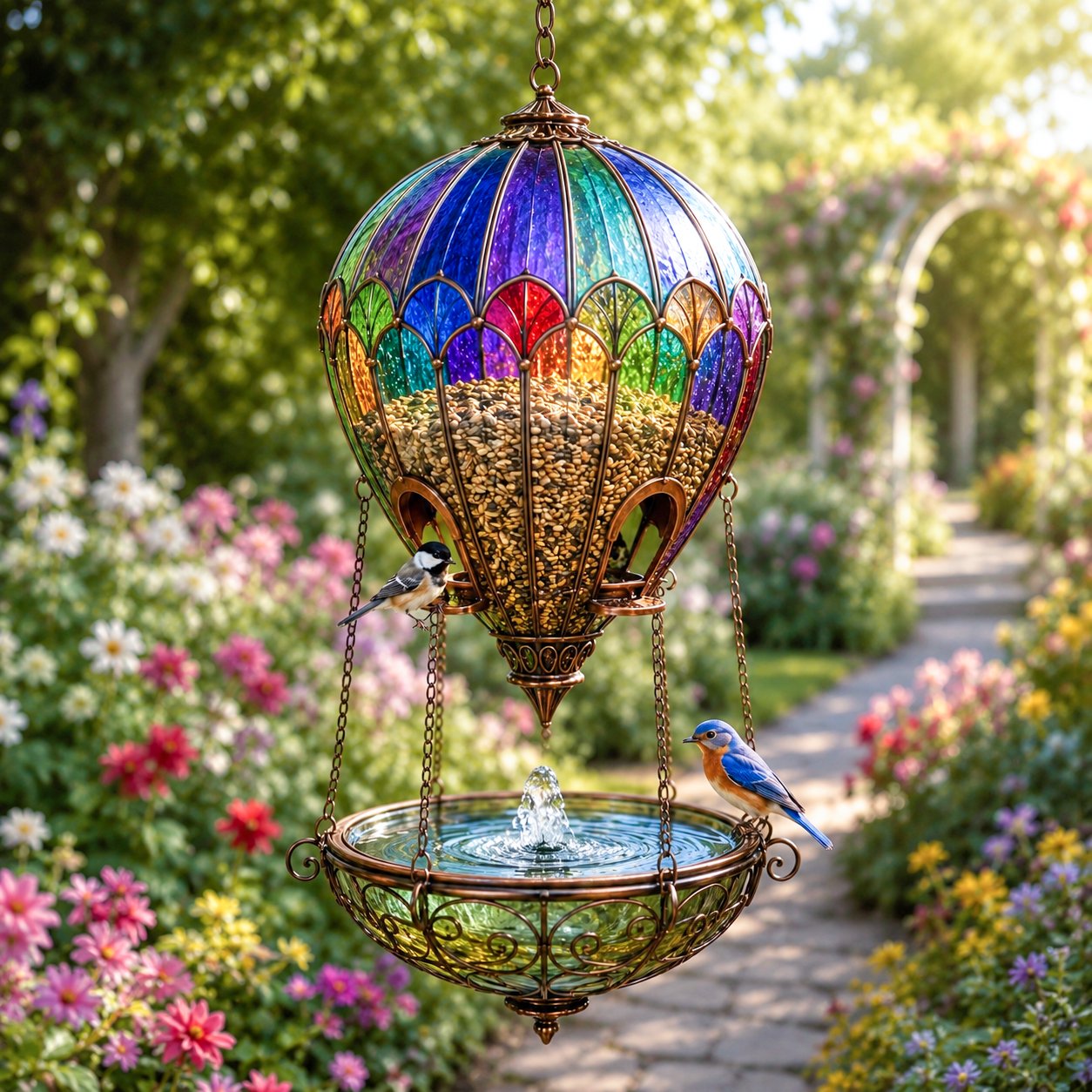 🎈🐦 Stained Glass Hot Air Balloon Bird Feeder — feed, sip, and perch all in one garden showpiece