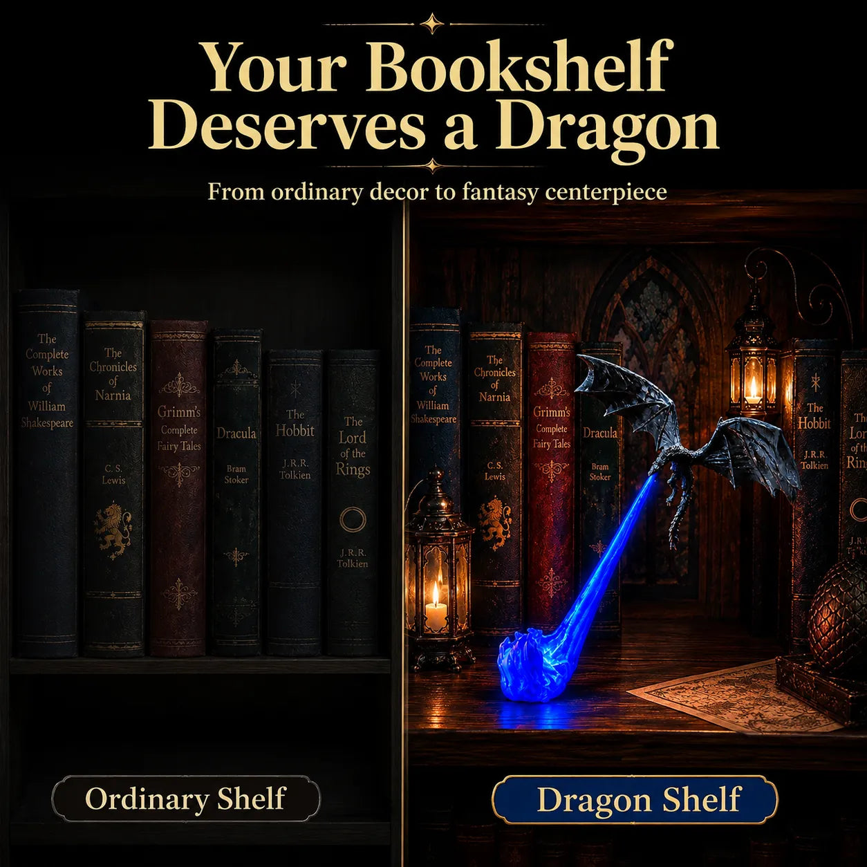 🐉 Dragon Bookshelf Nook Light — 3D Fire-Breathing Fantasy Shelf Decor 🔥