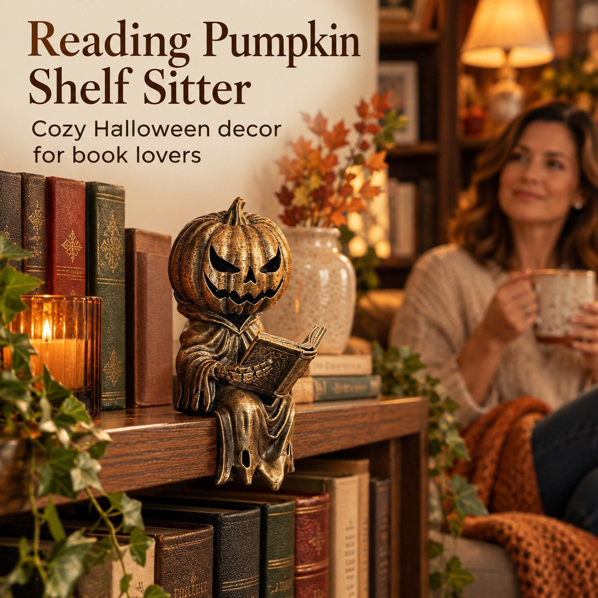 🎃Reading Pumpkin Shelf Sitter Cozy Halloween Bookshelf Decor for Book Lovers