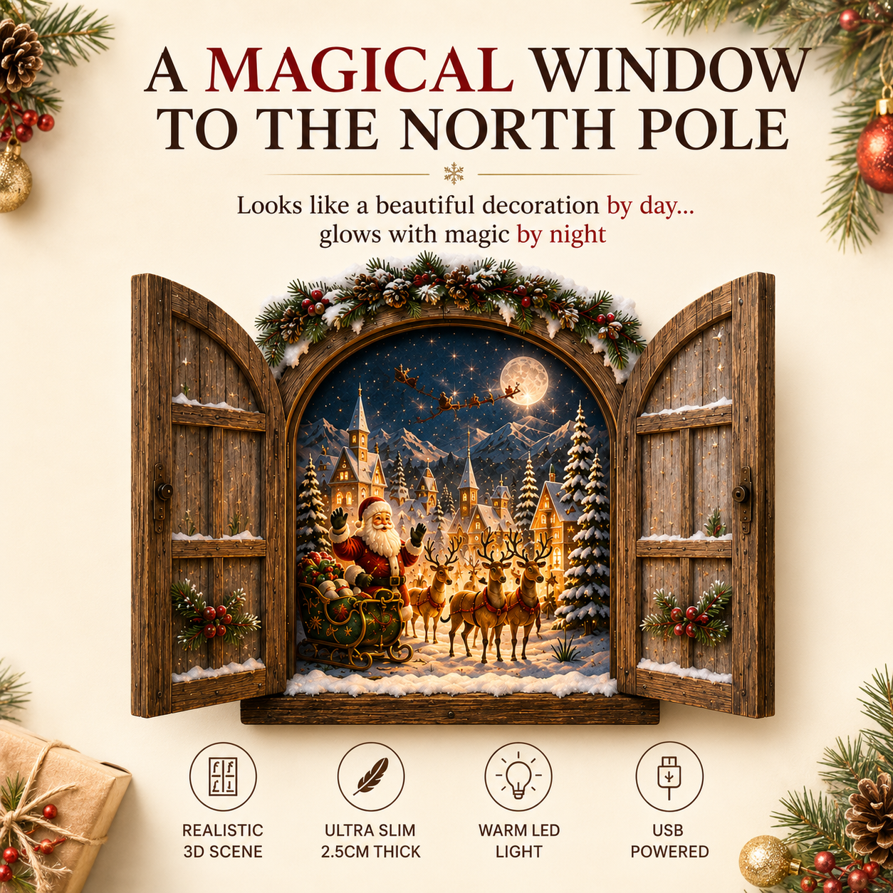 🎄Santa’s Secret Window Light – 3D Lighted North Pole Christmas Wall Decor🎅
