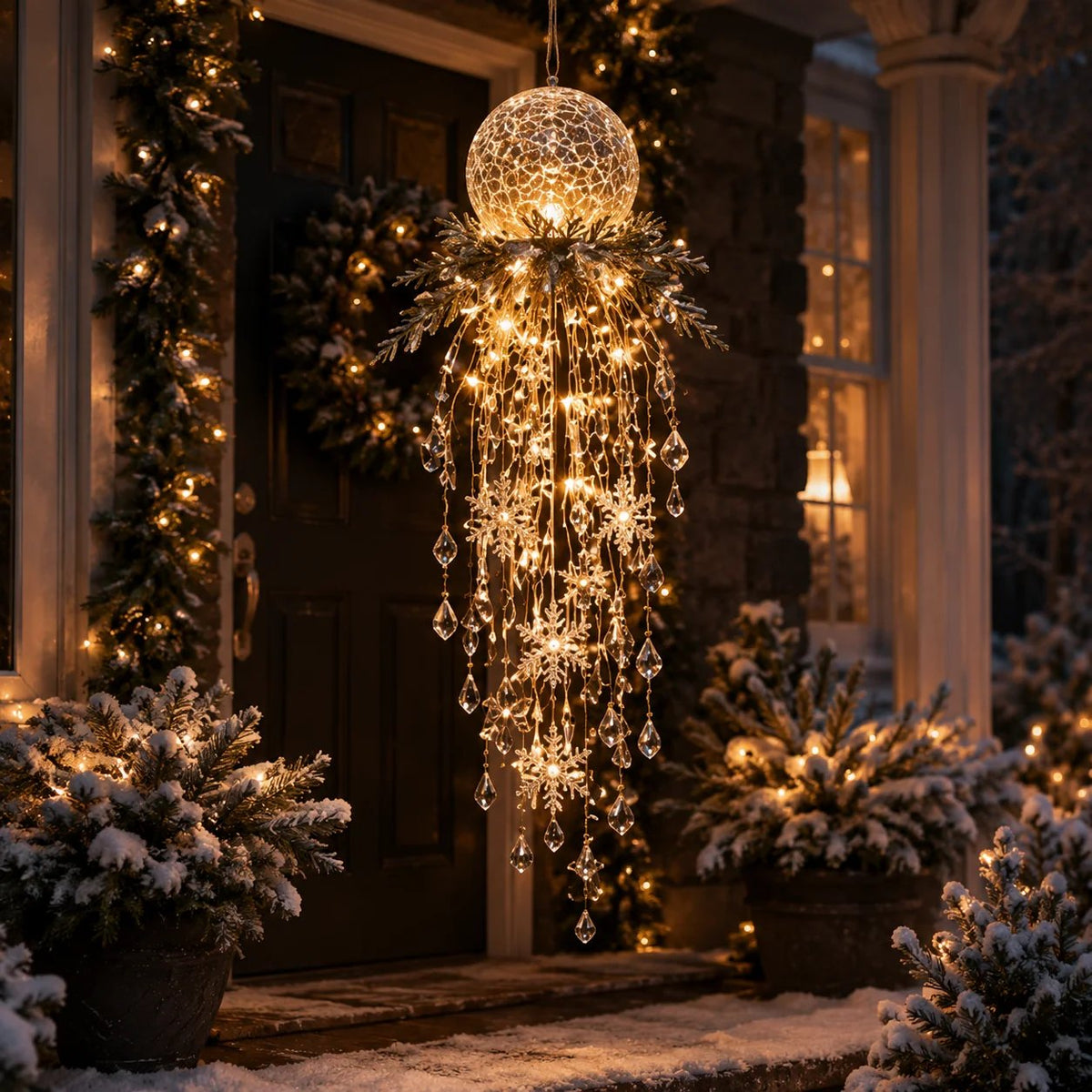 ❄️Crystal Cascade Christmas Lights – Hanging LED Veranda Decorations: Snowflakes & Crystals ✨
