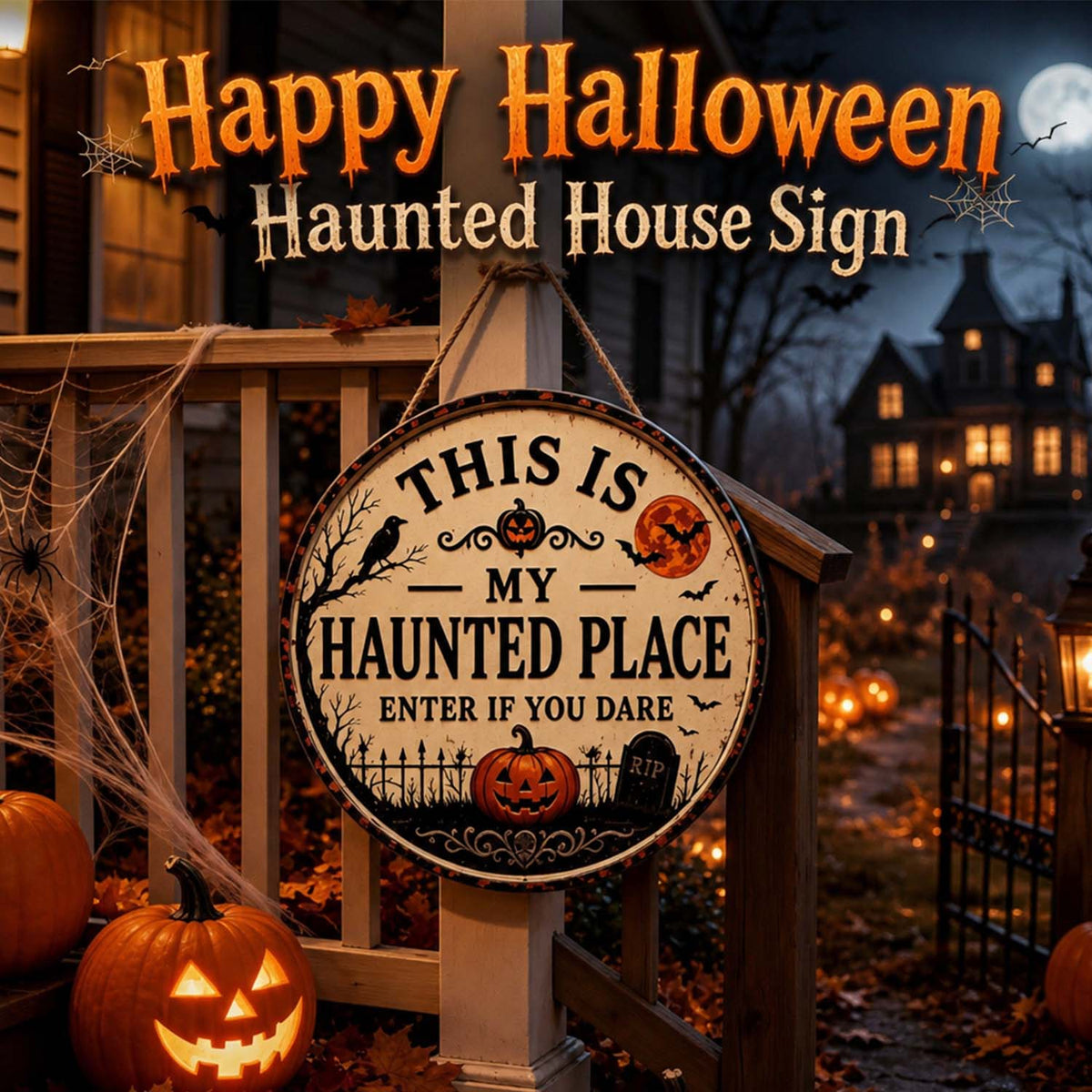 🏚️Happy Haunt Halloween Sign – 👻Cute Spooky Haunted House Wall Decor, Festive Halloween Home Decoration