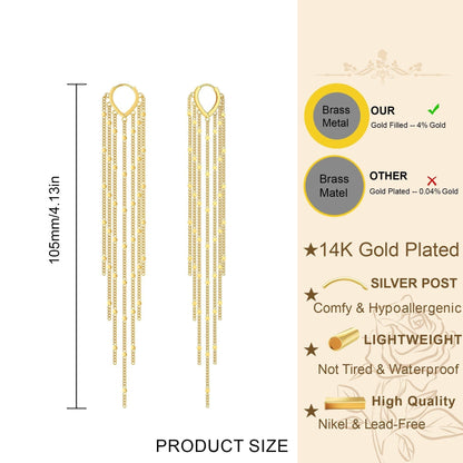 14K Gold Plated Long Tassel Threader Earrings for Women