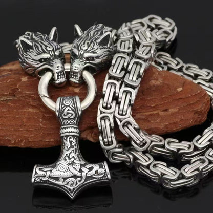 🐺Viking Wolf Head Mjölnir Hammer Jewelry Set ⚡– Stainless steel with Byzantine chain – Bold & durable – perfect for daily wear or gifting ✨💪