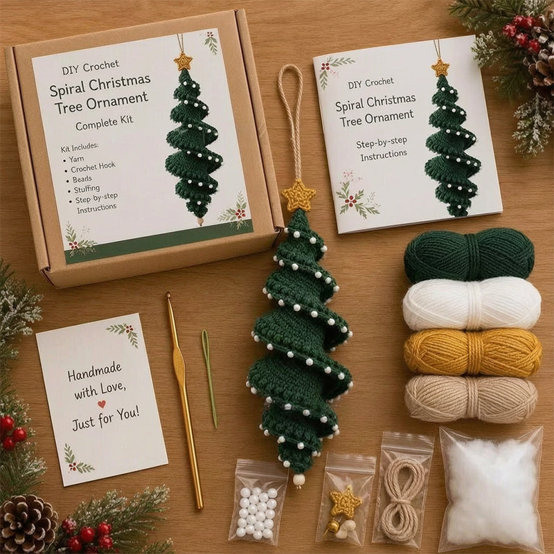 ☃️DIY Christmas Spiral Crochet Ornament Kit  | Complete Beginner-Friendly Set with Soft Yarn, Crochet Hook, Festive Beads, Snowflakes & Step-by-Step Guide 🧶🎄
