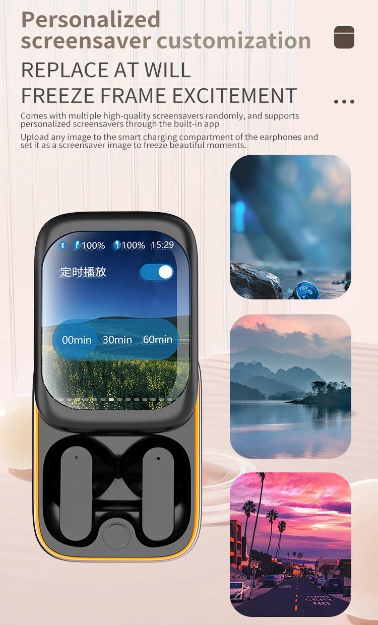 Smarta Bluetooth-hörlurar med stor skärm och slider