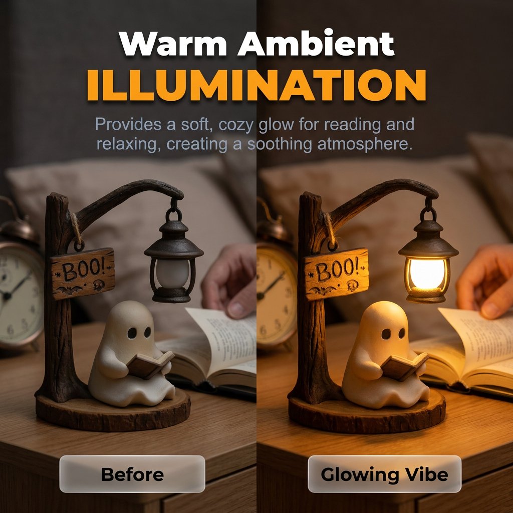 👻Reading Ghost LED Tree Light – Cosy Halloween Desk Decor 💡