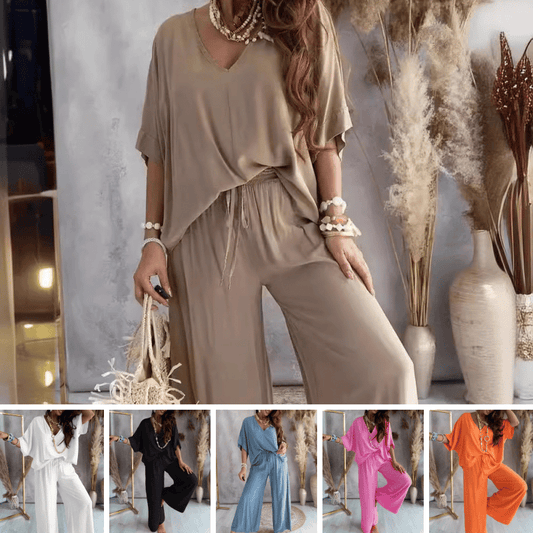 💕V-ringad, fladdermusärm, avslappnad, lös, byxa med vida ben