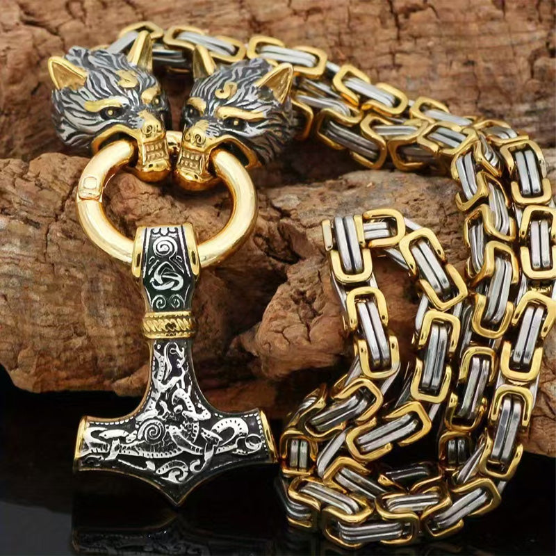 🐺Viking Wolf Head Mjölnir Hammer Jewelry Set ⚡– Stainless steel with Byzantine chain – Bold & durable – perfect for daily wear or gifting ✨💪