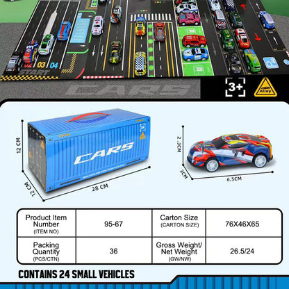 Presentset, inklusive mini-behållare för bilar med utdragbar baksida 🚗🎁