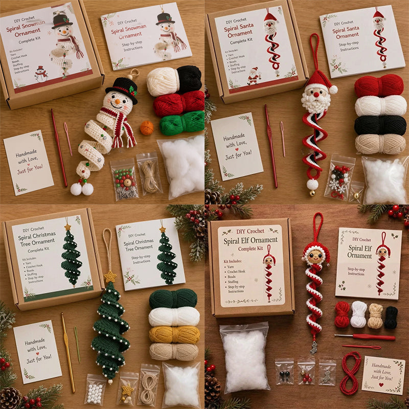 ☃️DIY Christmas Spiral Crochet Ornament Kit  | Complete Beginner-Friendly Set with Soft Yarn, Crochet Hook, Festive Beads, Snowflakes & Step-by-Step Guide 🧶🎄