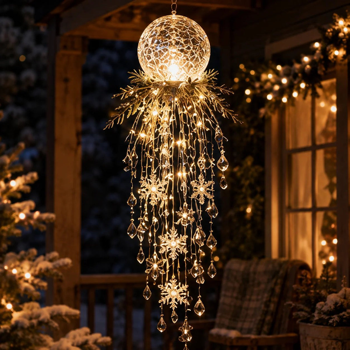 ❄️Crystal Cascade Christmas Lights – Hanging LED Veranda Decorations: Snowflakes & Crystals ✨
