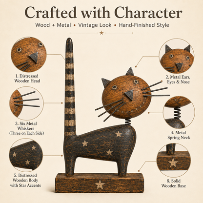 🐈Vintage Primitive Wooden Cat with Metal Accents