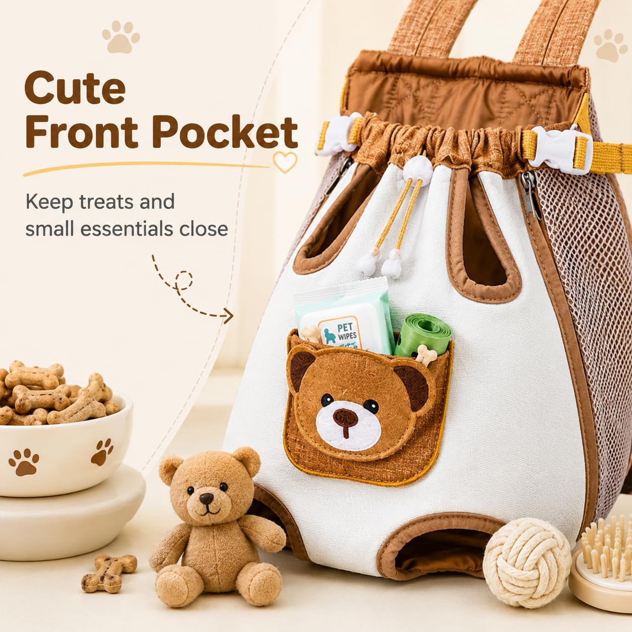 Cute Bear Design Front Pet Carrier Backpack -- Breathable Adjustable Hands-Free Travel Chest Bag