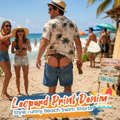 ☀️ Funny Leopard‑Print Fake Denim Swim Shorts and T-shirts with fake muscle prints | Quirky optical illusion beachwear