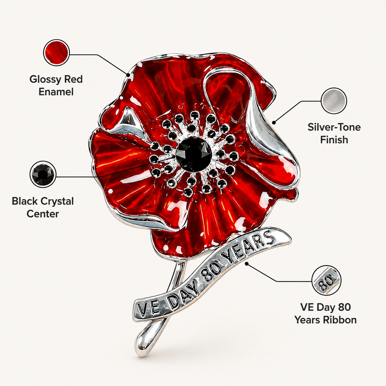 VE Day 80 Red Enamel Poppy Brooch | Limited Edition Anniversary Keepsake