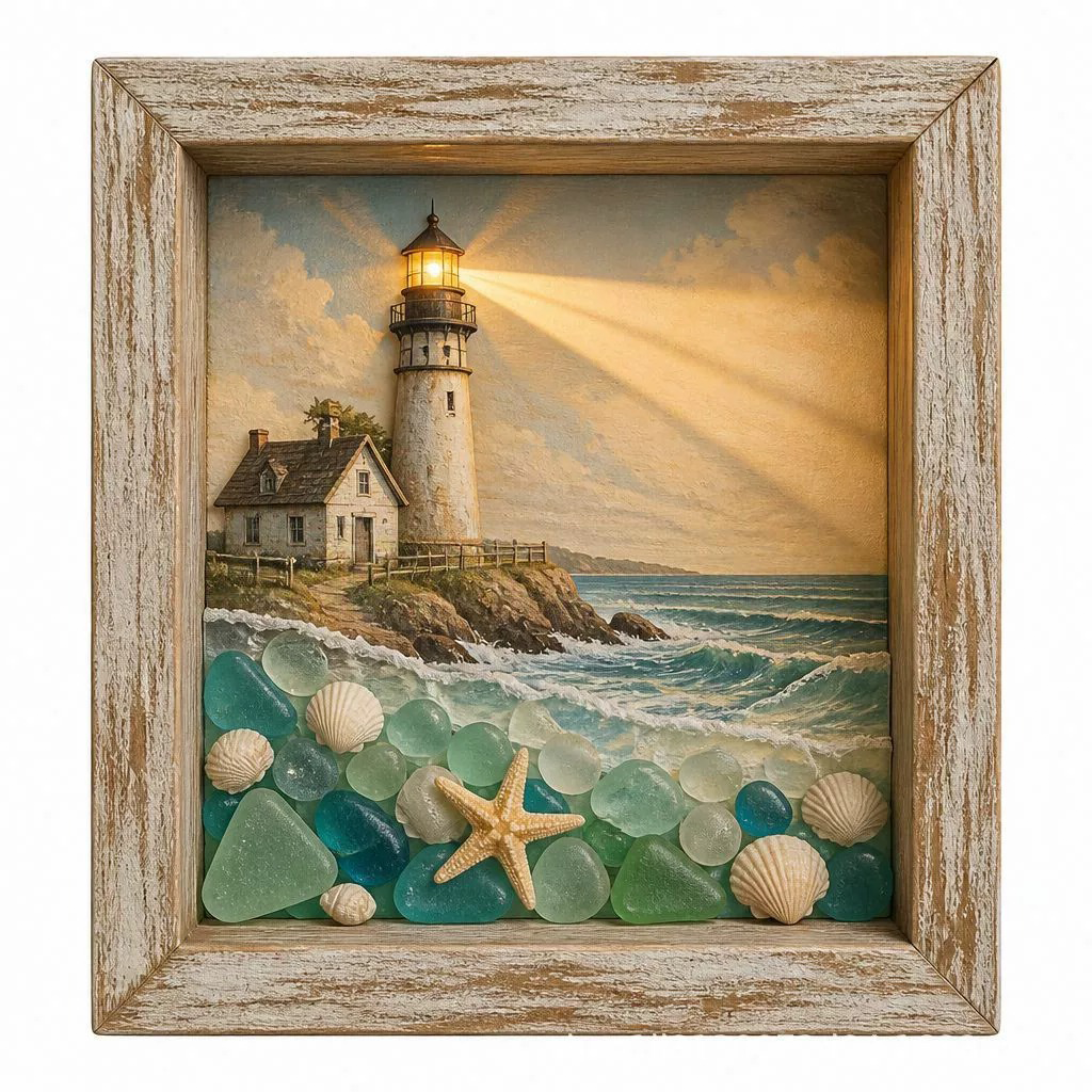 🌊Coastal Lighthouse Sea Glass Shadow Box Night Light💝