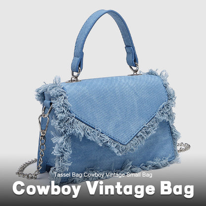 Retro Denim Kedjeväska Med Tofs