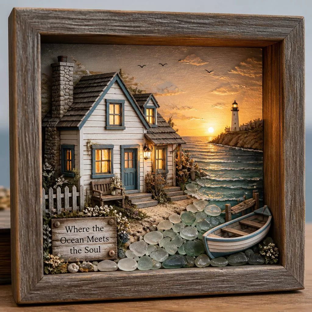 🌊Coastal Lighthouse Sea Glass Shadow Box Night Light💝
