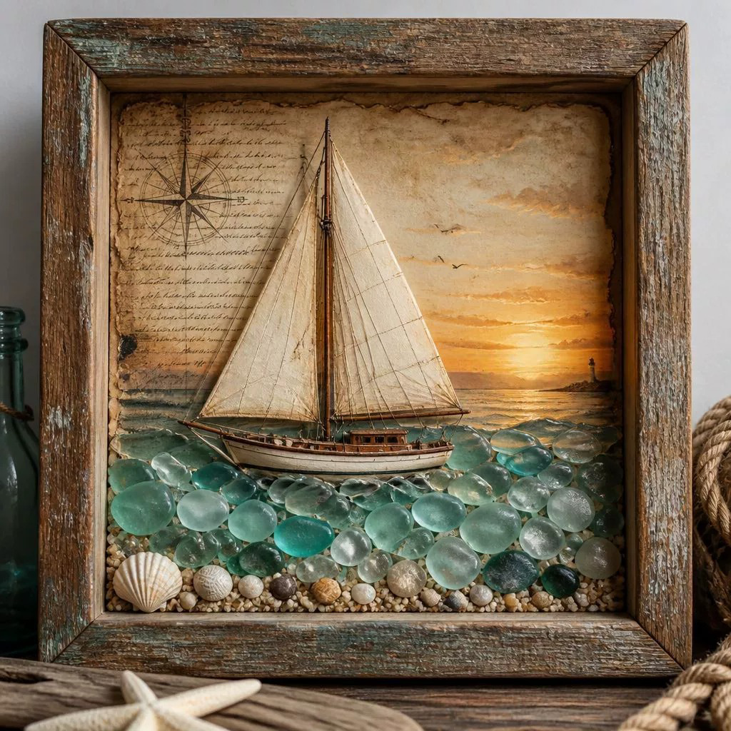 🌊Coastal Lighthouse Sea Glass Shadow Box Night Light💝