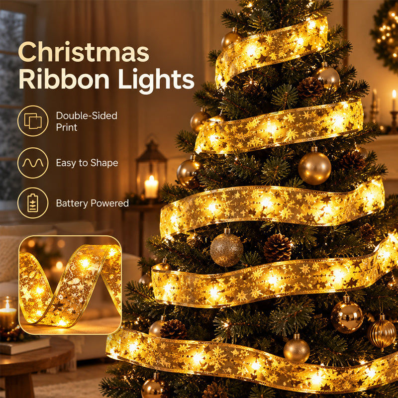 ✨Christmas Double-Layered Hot-Stamped Satin Ribbon with LED Strip Lights