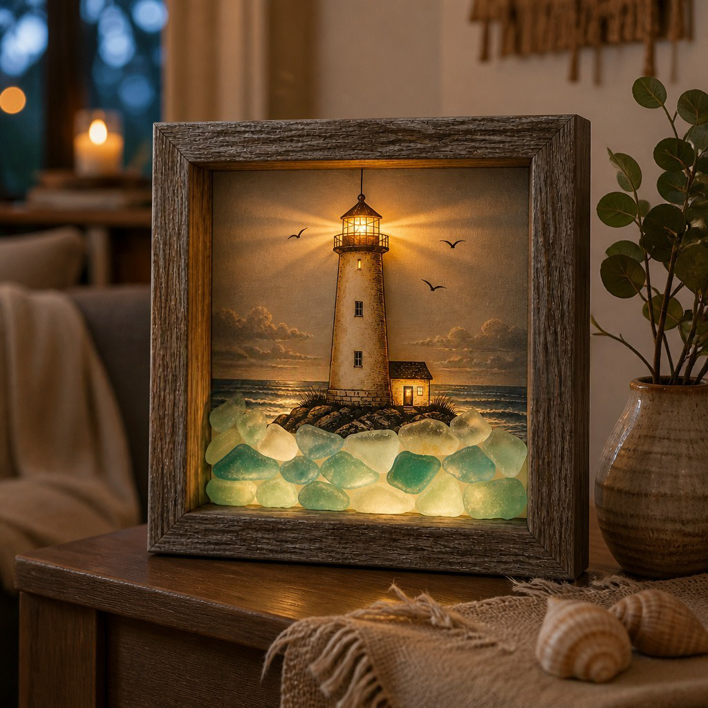 🌊Coastal Lighthouse Sea Glass Shadow Box Night Light💝