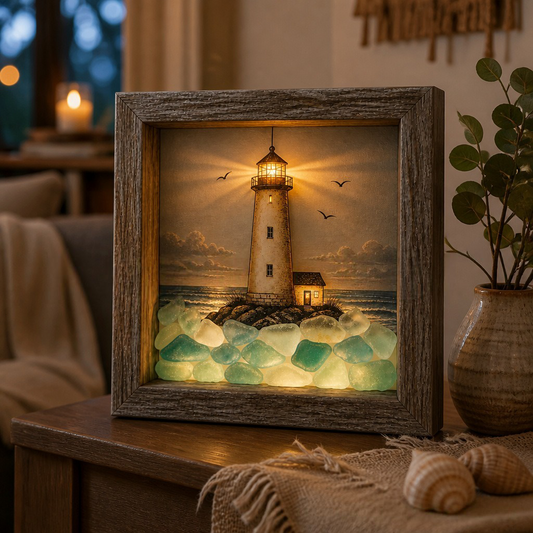 🌊Coastal Lighthouse Sea Glass Shadow Box Night Light💝