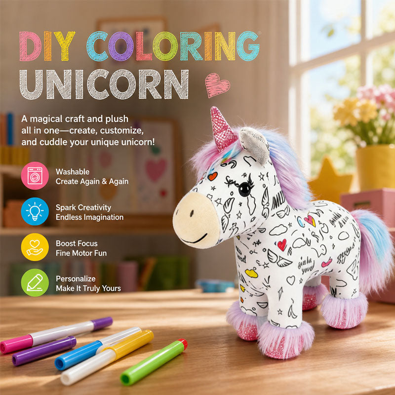 🦄DIY Color-In Unicorn Plush Toy Kit  - Washable & Reusable Art Fun /with 12 Washable Markers