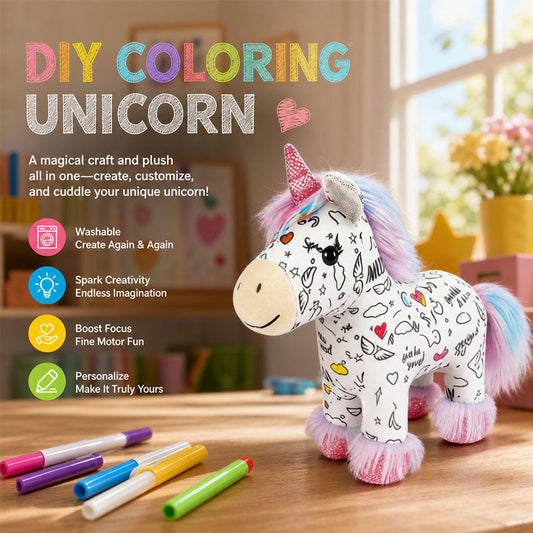 🦄DIY Color-In Unicorn Plush Toy Kit  - Washable & Reusable Art Fun /with 12 Washable Markers