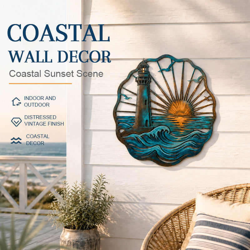 🌅 Golden Harbour Lighthouse Mural – Vintage Coastal-Style Metal Wall Decoration⚓
