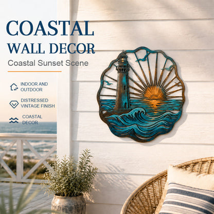 🌅 Golden Harbour Lighthouse Mural – Vintage Coastal-Style Metal Wall Decoration⚓