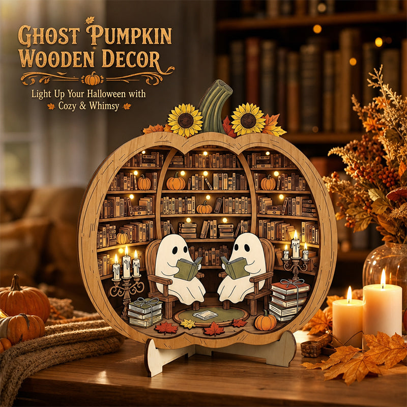 👻 Enchanting Halloween Ghost Pumpkin Decor | Cozy Wooden Tabletop Ornament with Charming Scenes