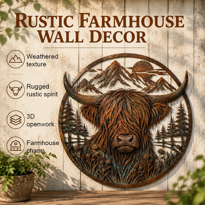 🐂Highland Cow Mountain Scene Metal Wall🏔️