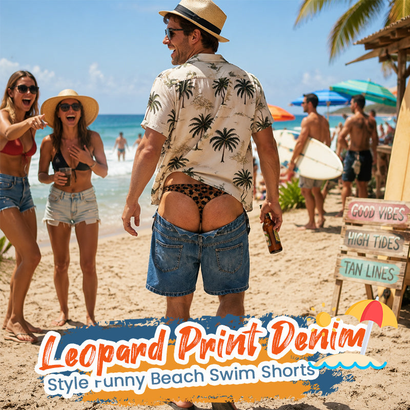 Funny Leopard‑Print Fake Denim Swim Shorts | Novelty Illusion Beach Trunks