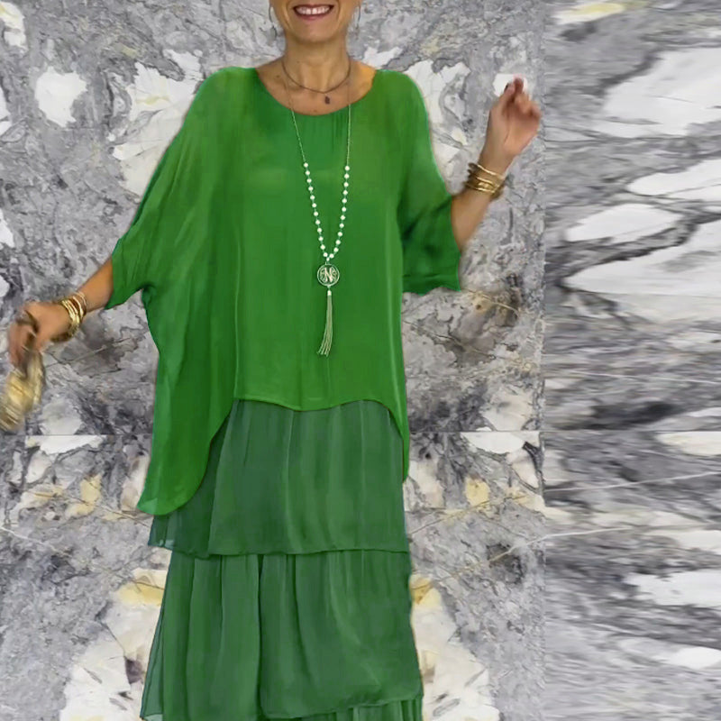 Konstnärlig lös klänning/chiffonnät dolmanärmad långklänning med rund hals