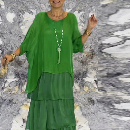 Konstnärlig lös klänning/chiffonnät dolmanärmad långklänning med rund hals