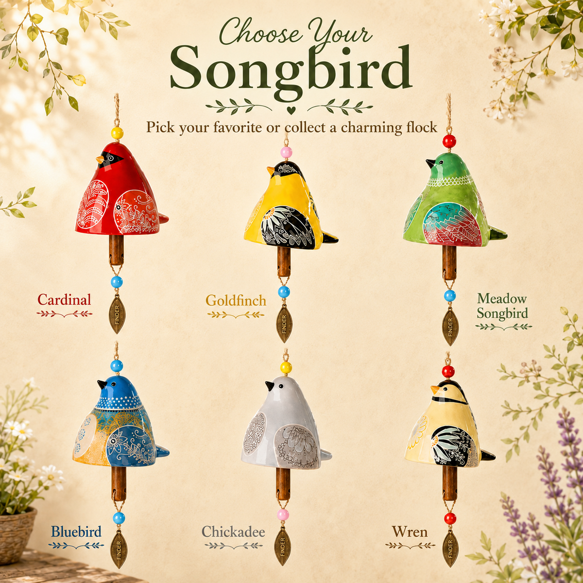 Hand-Painted Resin Bird Wind Chime, Colorful Folk Art Garden Hanging Decor